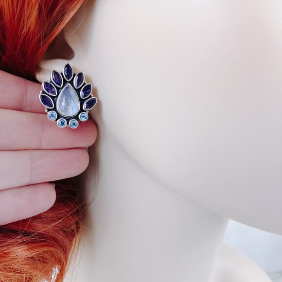 Nicky Butler Sterling Rainbow Moonstone Iolite Topaz Teardrop Clip On Earrings - Picture 12 of 15